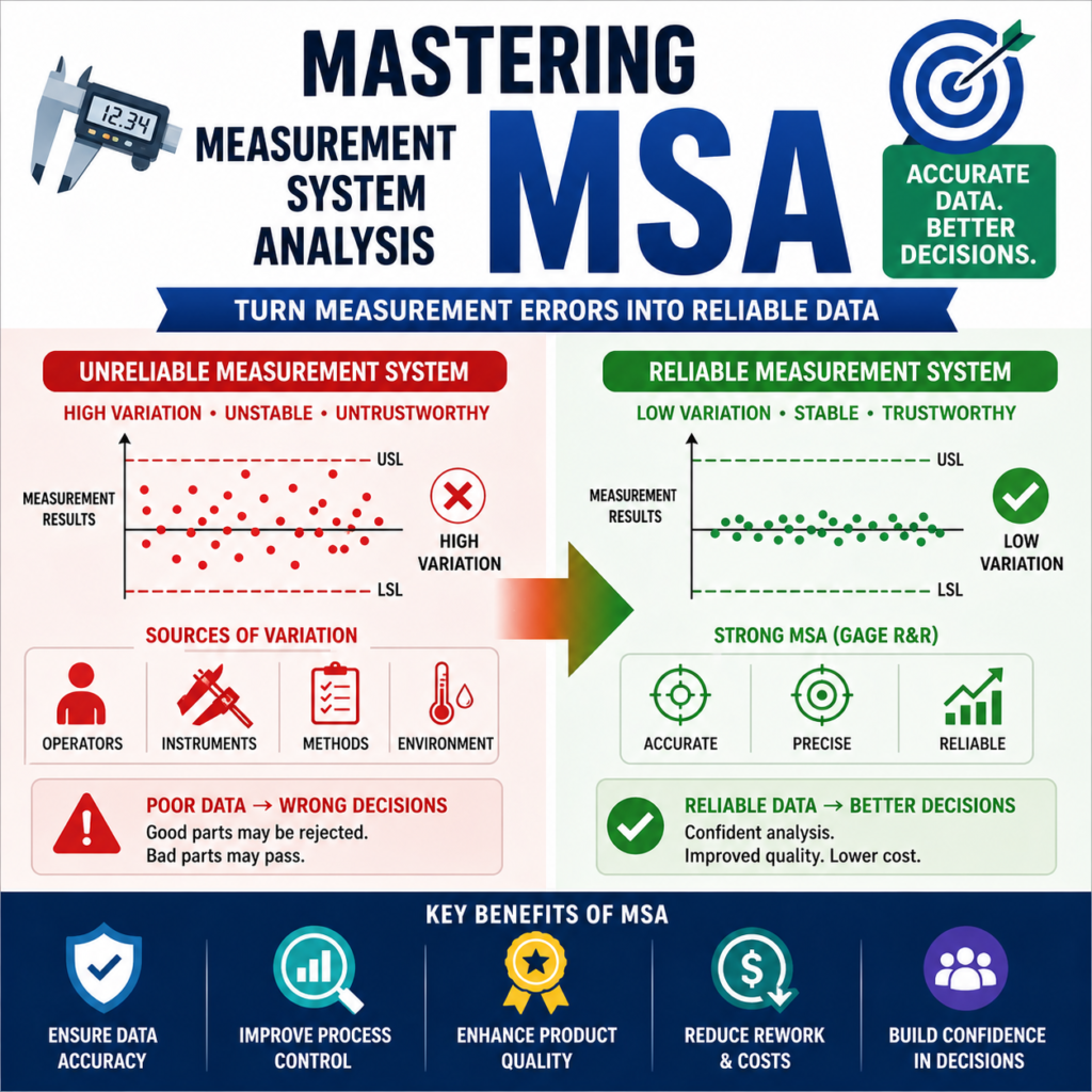 Square infographic showing Measurement System Analysis with comparison of high variation measurement system versus accurate and reliable system, including gage R&R, operators, and instruments