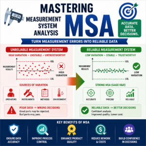 Square infographic showing Measurement System Analysis with comparison of high variation measurement system versus accurate and reliable system, including gage R&R, operators, and instruments